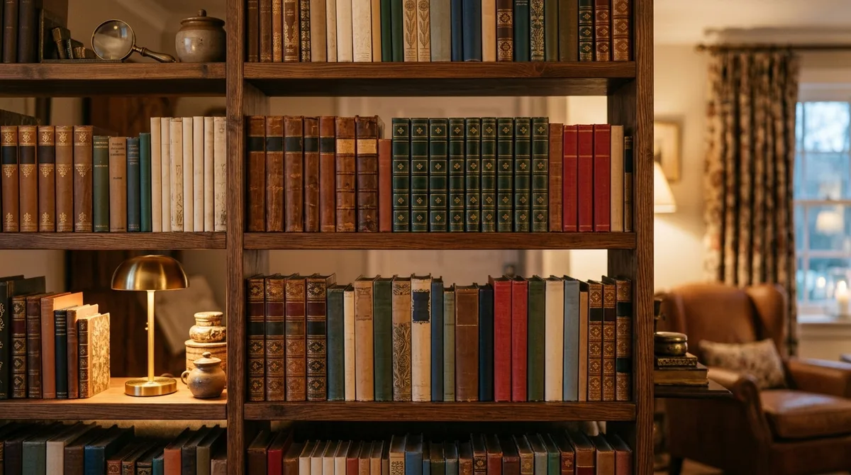 رفّ كتب خشبي بإضاءة دافئة